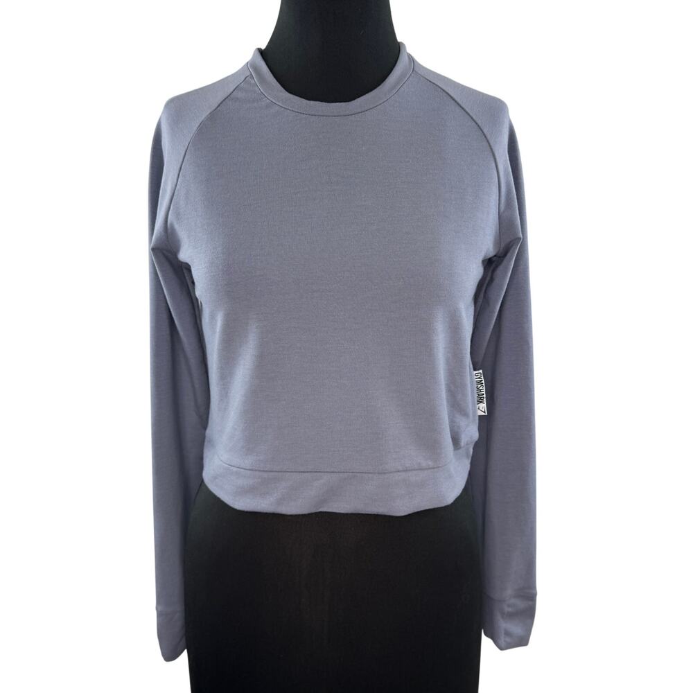 GymShark Gray Blue Purple Crop Sweatshirt Crew Raglan Sleeve Pullover XS X-Small